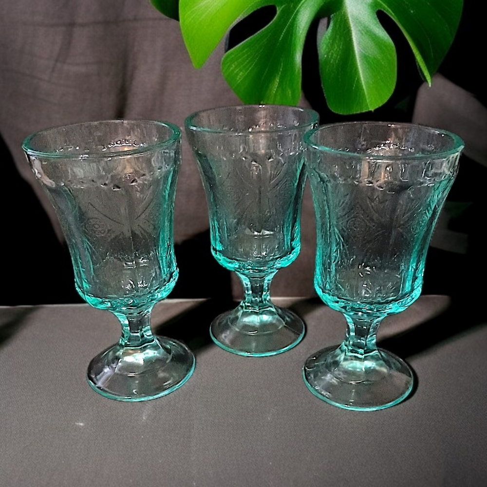 3 Indiana Glass‎ Recollection Goblet Glass Teal Aqua Vintage Beach Cottage House